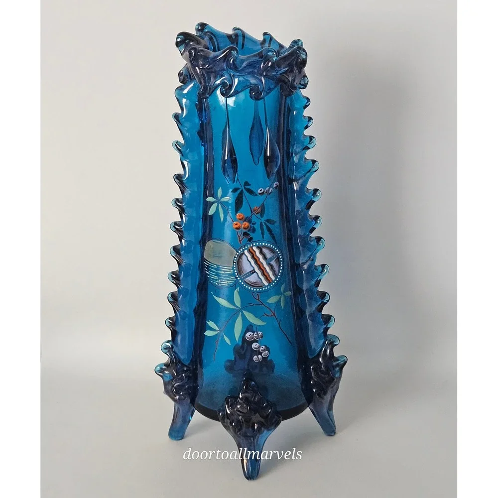 Auguste Jean Antique Blue Footed Vase Art Nouveau Enamel Paint Berries Tall 12